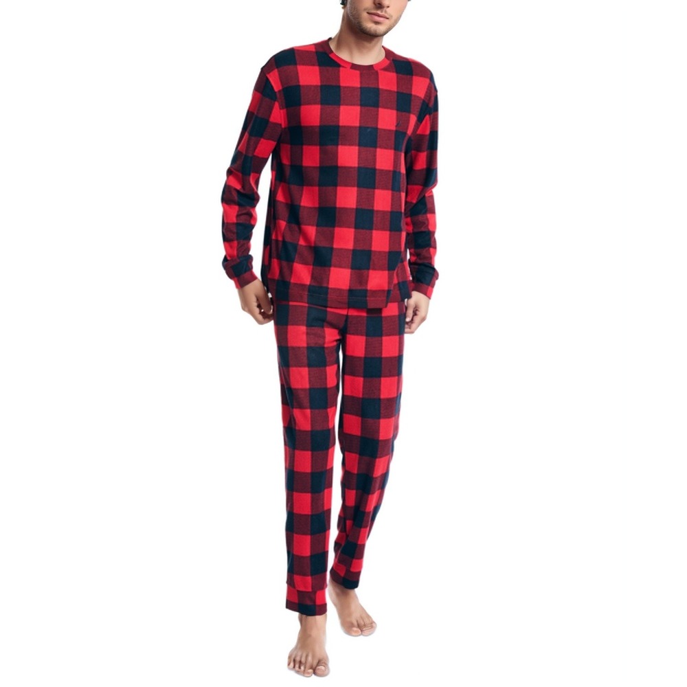 Nautica Pajama Set Mens Large Red‎ Buffalo Plaid Waffle Knit Tee Jogger PJs NWT